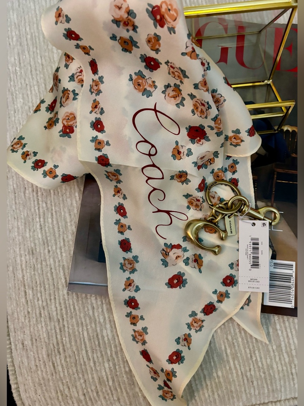 Coach Tea Rose Scarf and C Keychain accessories set
